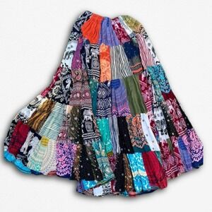 Boho Patchwork Maxi Skirt Elephant Paisley Print Tiered Hippie Gypsy Multicolor